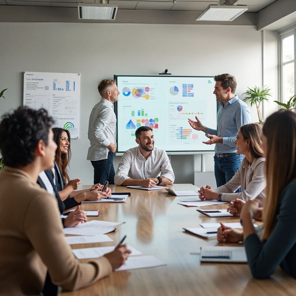 Team meeting discussing company values